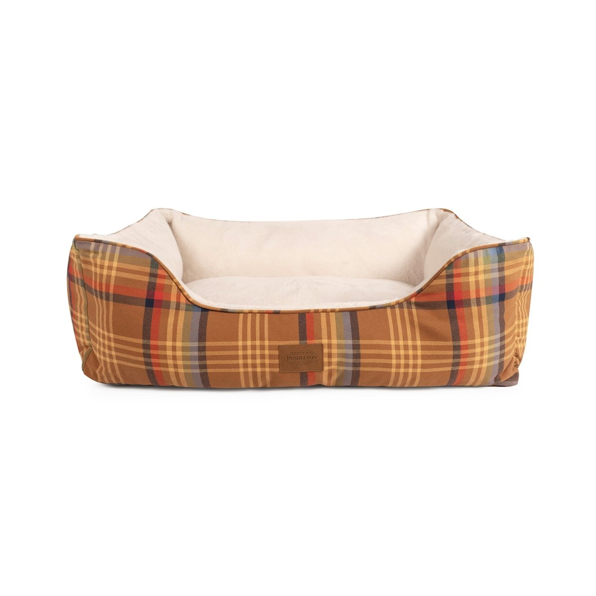 Plaid patterned pet bed with beige interior on a white background